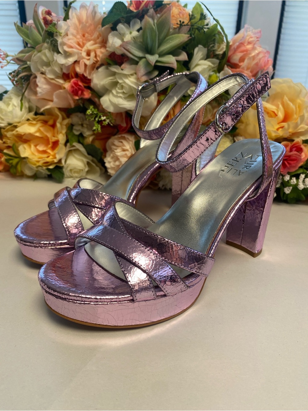 Naturalizer Metallic Lilac Platform Heeled Sandals